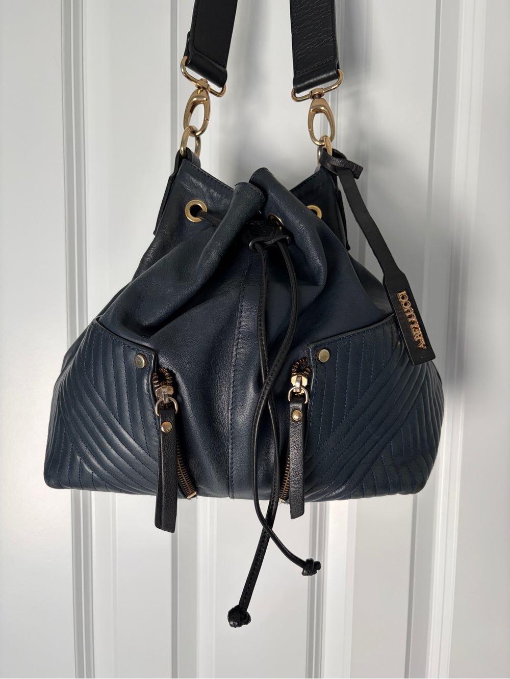 A. Bellucci Navy Leather Drawstring Shoulder Bag with Gold Hardware
